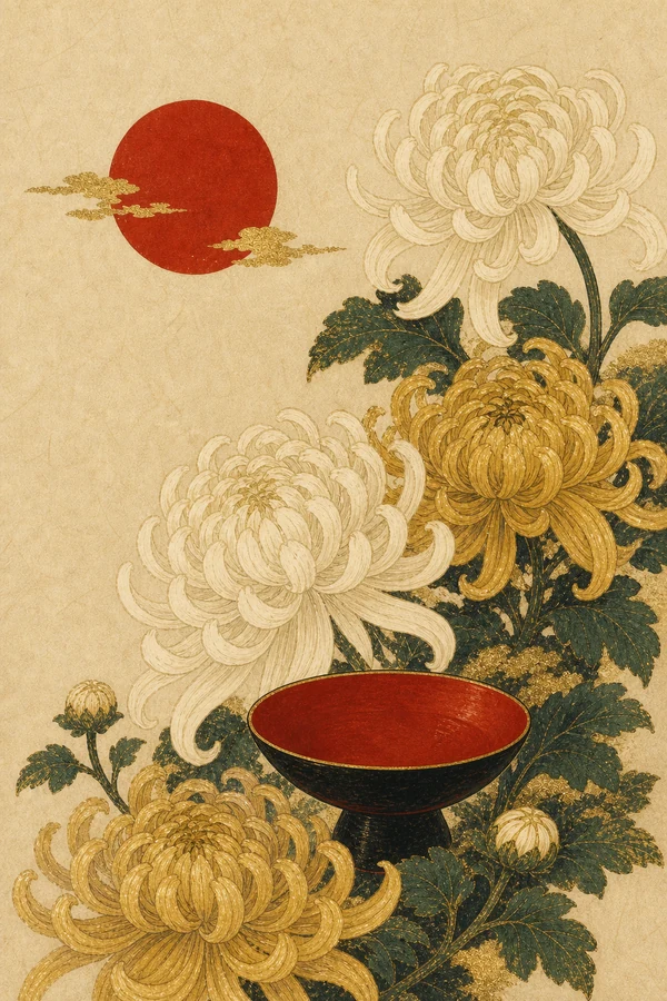 Chrysanthemen und lackierte Sakeschale
