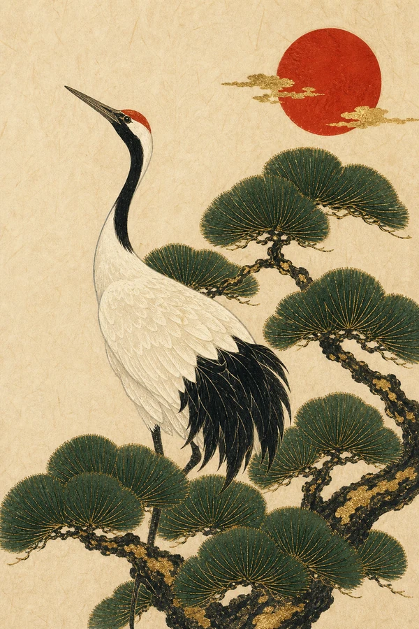 Pine, crane and winter sun