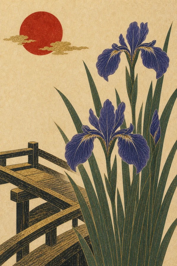 Iris beside a zigzag bridge