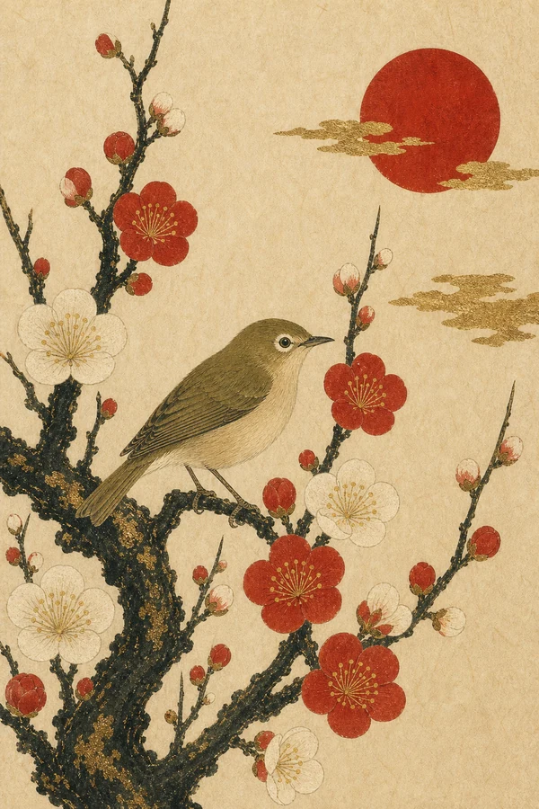 Plum blossoms and bush warbler