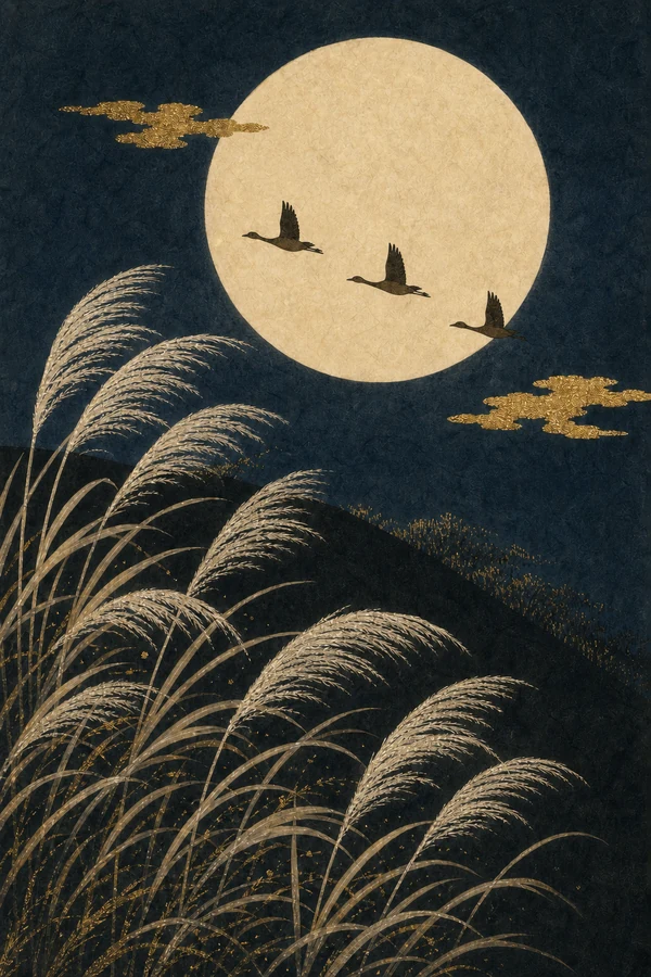 Japanese silver grass, full moon and flying birds