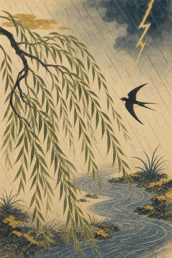 Willow, rain and swallow